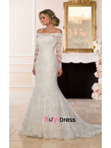 Bateau Spring Wedding Dresses, Lace Sleeve length Bride Dresses with Brush Train bds-0024