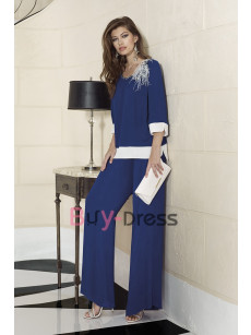 Beaded Neckline  Mother of the Bride Pant suit Blouse Shoulder with Feathers Wide Leg Trouser Dark Blue TS061