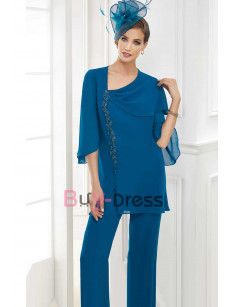 Beautiful Chiffon Pant suit for Mother of the Bride Two Piece Women Asymmetric Hand Beading Trouser outfit  TS073