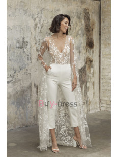 Beautiful Deep V-Neck Bridal Jumpsuits With Lace Cape for Lawn Wedding WBJ064
