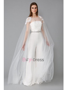 Beautiful Tulle Cape Wedding Jumpsuits with Crystal Belt WBJ084