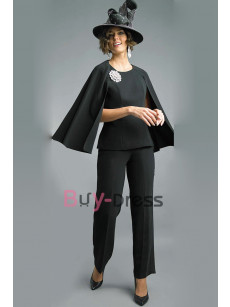 Black Two Piece Pant Suit with Cape for Mother of the Bride TS025