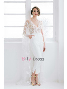 Bohemia Chic V-Neck Bridal Jumpsuit BOHO Wedding Dresses With Lace  Cape WBJ056