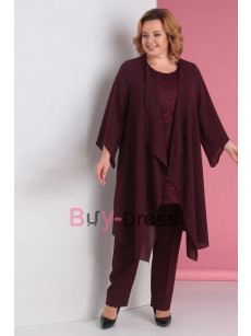 Plus Size Burgundy 3PC Lace Mother of the Bride Pant Suits With Elastic Waist Trouser TS032-3