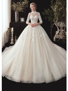 Classic Cathedral Wedding Dresses, Long Sleeves Court Train Bridal Dresses GW-010