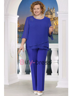 Comfortable Chiffon Pant Suit Mother of the Bride Plus Size 2PC Elastic Waist Outfit Royal Blue TS030