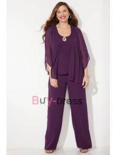 Simple Comfortable Elastic Waist Chiffon Mother of the Bride Pant Suits Dresses with Jacket Grape Purple TS084