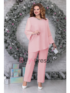 Comfortable Plus Size Chiffon Mother of the Bridal Pant Suit Dress Wedding Guests Dresses Pink TS040-4