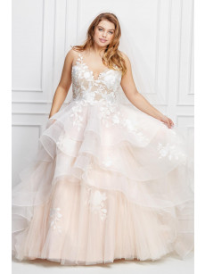 Custom Plus Size Ivory Blush Tiered Skirt Wedding Dress V-Neck Bridal Ball Gown PWD2215