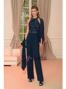 Dark Navy Beaded Neckline Halter Mother of the Bride Jumpsuit with Shawl Evening Dresses TS070