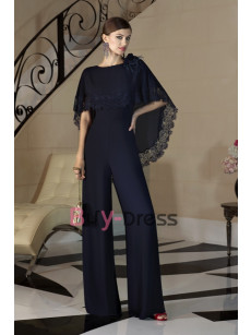 Dark Navy Chiffon Cape Jumpsuit for Mother of the Bride Wedding Party Dresses with Lace TS069