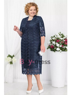 Plus size Tea-Length Mother of the Bride Dress with Lace Jacket Women's Pink Outfit MD2265-02