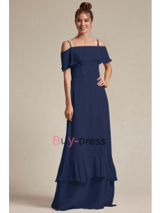 Dark Navy Spaghetti Bateau Bridesmaids Dresses, Chiffon Prom Dresses for Beach Wedding, Brautjungfernkleider BD-037-2