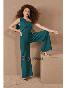 Dressy Greenblack Green One Shoulder Jumpsuits for Bridesmaids with Bow, Vestidos de damas de honor BD-011