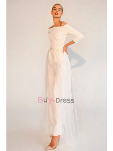 Elegant Bateau Bridal Jumpsuit with Detachable Tull Skirt Wedding Trouser Dresses WBJ078