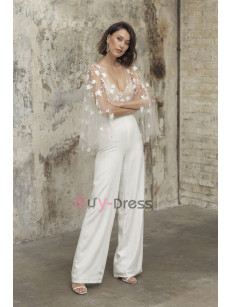 Elegant BOHO Wedding Jumpsuits with Lace Cape White Bridal Pantsuits Dresses WBJ063