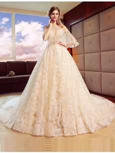 Elegant Chest Appliques Royal Train Wedding Dresses, Lace Bride Gowns GW-022