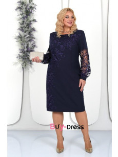 Elegant Dark Navy Lace Long Sleeves Mid-Calf Plus Size Mother Of the Bride Dresses MD0018