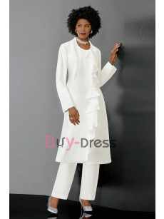Elegant Ivory Ruffles Mother of the Bride Pant Suit with Long Coat TS003
