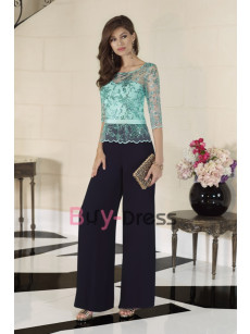 Elegant Lace Bodice Wide leg Trousers Mother of the Bride Jumpsuit Formal Occasion Wear Women Evening Dress Aqua and Navy TS064