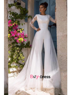 Elegant Long Sleeve Bohemian Bridal Jumpsuits, Wedding Dress With Detachable Trains bjp-0035