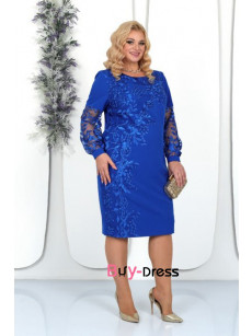 Elegant Royal Blue Lace Long Sleeves Mid-Calf Plus Size Mother Of the Bride Dresses MD0018-4