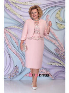 Elegant Two Piece Sets Mid-Calf Plus Size Blush Pink Mother Of the Bride Dresses With Coat MD0021-1