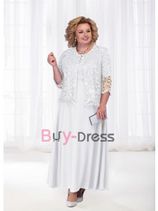 Elegant White Plus Size Ankle-Length Mother of the Bride & Groom Dresses With Lace Jacket Two Piece Outfit for Wedding MD2251-11