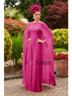 Fashion Fuchsia Long Chiffon Cape Mother of the Bride Jumpsuits Special Occasion Dresses