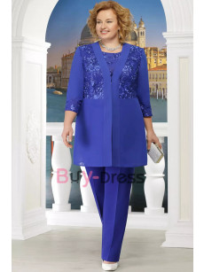 Formal Mother of the Bride Pant Suits that Hide belly Three Piece Trouser Sets with Jacket Royal Blue Plus Size Outfit TS034-1