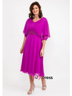 Fuchsia Half Sleeves Mother Of The Bride Dresses, Mid-Calf Hand Beading Women's Dresses MD0032-1