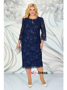 Glamorous Mid-Calf Dark Navy Lace Plus Size Mother Of the Bride Dresses MD0022-3