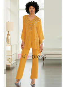 Golden 2 Piece Hand Beading Chiffon Pant Suit for Mother of the Birde & Groom TS016