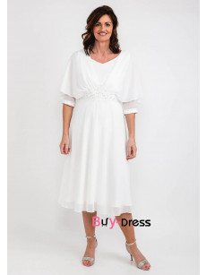 Ivory Half Sleeves Mother Of The Bride Dresses, Mid-Calf Hand Beading Women's  Dresses MD0032-2