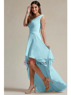 Light Blue Prom Dresses for Beach   wedding, One Shoulder High-low Bridesmaids Dresses, Robes de bal BD-024-2