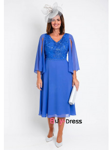 Light Royal Blue Flowy Sleeve Mother Of The Bride Dresses, Hand Beading Mid-Calf Women Dresses MD0035-2