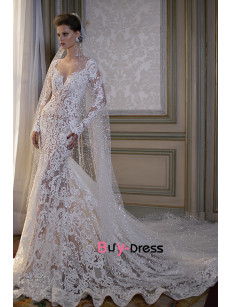 Long Sleeves V-neck Bridal Dress Beautiful Lace Embroidered Mermaid Wedding Eress with Chapel Train bds-0001