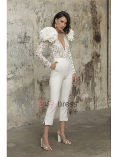 Modern Deep V-Neck Bridal Jumpsuits Wedding Pantsuit Dresses Puff Shoulder with Big Flowers WBJ062