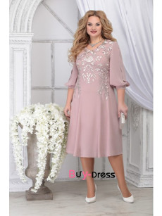 Modern Pearl Pink Chiffon Half Sleeves Mid-Calf Plus Size Women's Dresses MD0013-2