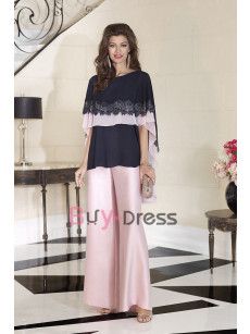 Navy and Pink Wide Leg Trouser Suit with Chiffon Cape Mother of the Bride PantSuits Dresses Occasion Wear TS057
