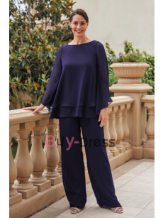 Navy Soft Comfortable Chiffon Mother of the Bride Pant Suits with Elastic Waist TS080