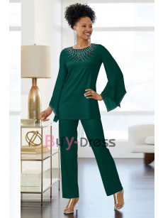 New arrival 2 Piece Green Mother of the Bride Chiffon Pant suit with Crystal TS008