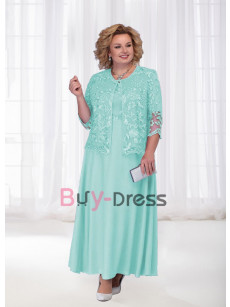 New Arrival Plus Size Ankle-Length Mother of the Bride Dresses With Lace Jacket Elegant Two Piece Outfit Aqua Long dress MD2251-08