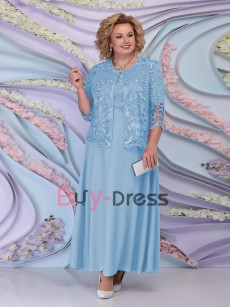 2022 Spring New Arrival Plus size Sky Blue Mother of The Bride Dresses With Lace Jacket Ankle-Length Outfit MD2251-02