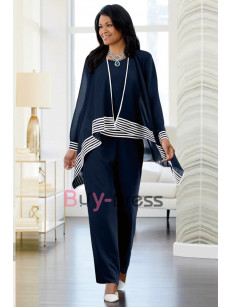 New Style 3 Piece Navy Mother of the Bride Chiffon Pant Suit with Jacket TS015