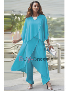 Ocean Blue Chiffon Mother of the Bride Pant Suit Beach Wedding Trousers Dresses TS017-02
