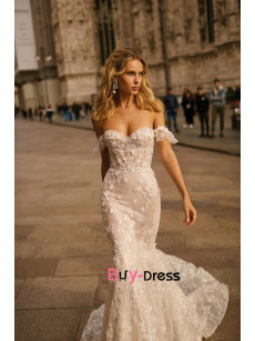 Glamorous Off the Shoulder mermaid wedding dresses, Bohemia bride Dresses with chapel train bds-0014
