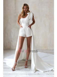 One Shoulder Sequins Shorts Overskirt Jumpsuit Bridal Wedding Trouser suit Dresses WBJ093