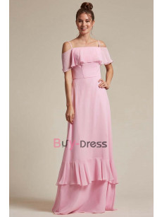 Pink Spaghetti Bateau Bridesmaids Dresses, Chiffon Prom Dresses for Beach Wedding, Brautjungfernkleider BD-037-1