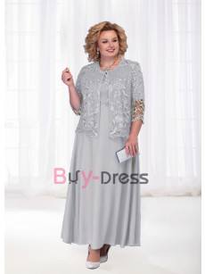 Plus Size Ankle-Length Mother of the Bride Dresses With Lace Jacket Elegant Gray Two Piece Outfit MD2251-09